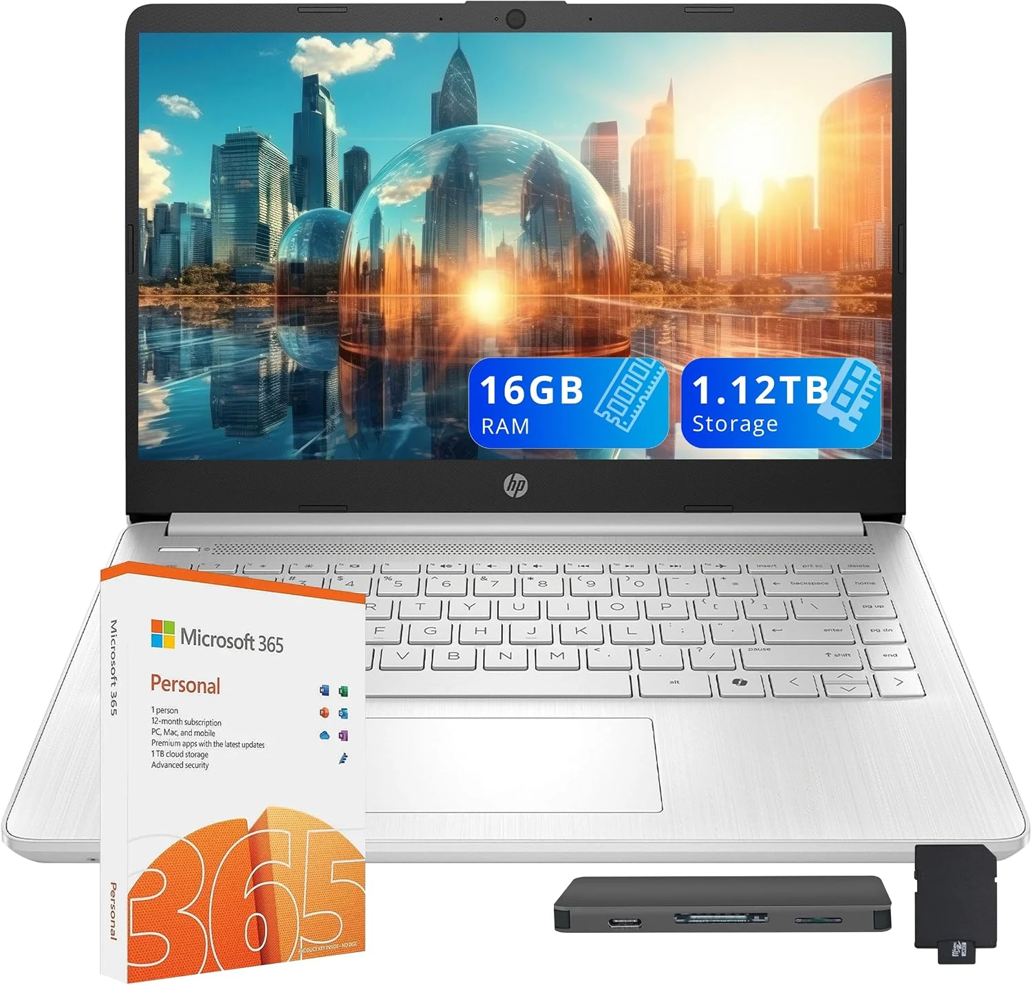HP Stream 14" HD Laptop, Intel Processor N150, 16GB RAM, 1.12TB Storage(128GB UFS+1TB Docking Station Set), Intel Graphics, Webcam, Wi-Fi 6, 1 Year Office 365, Copilot, Fast Charge, Win 11, Silver