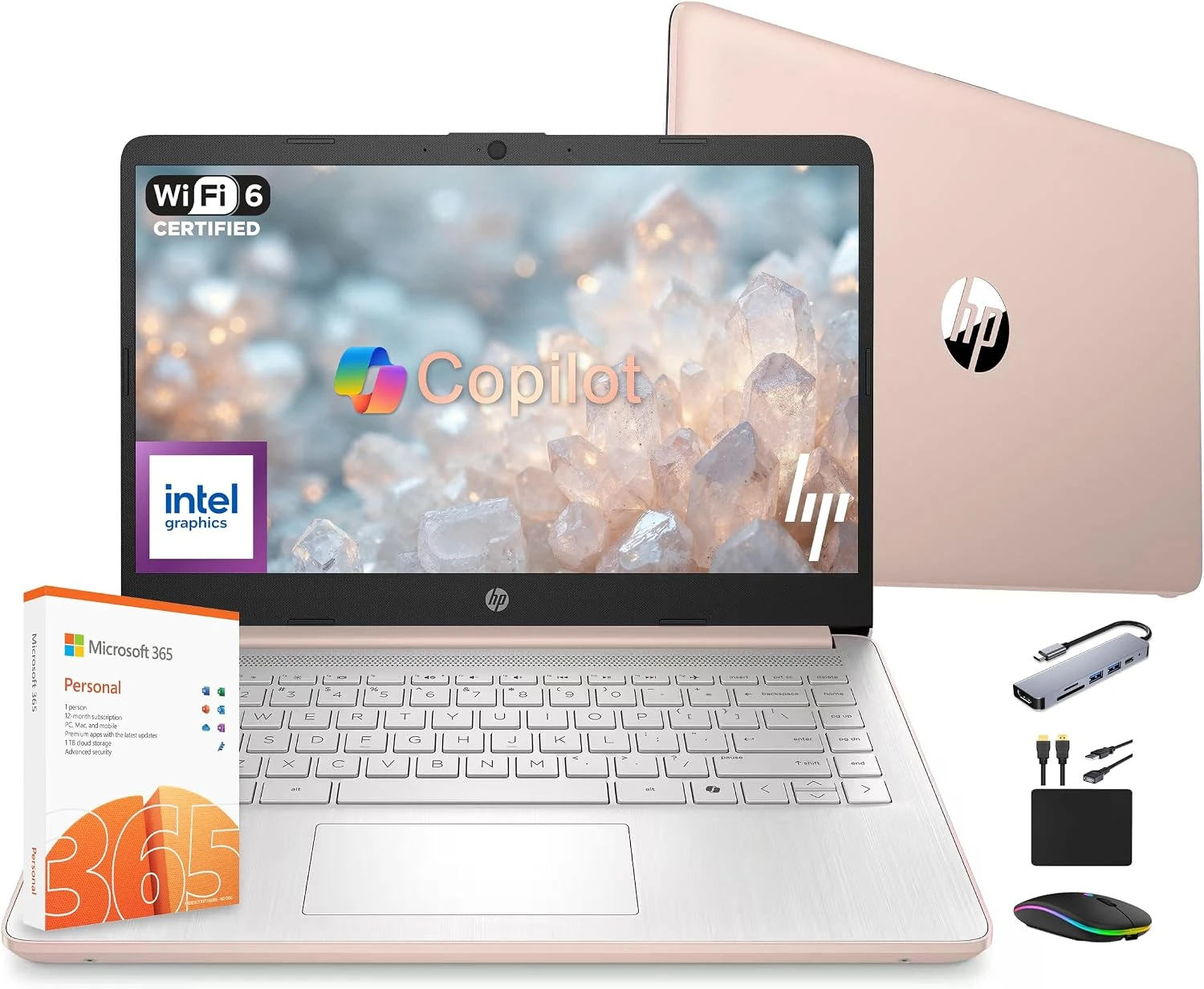 HP 14 Laptop Computer 2025 Ultra Light, AI Copilot Student Business, Quad-Core Intel, 16GB RAM, 628GB Storage (128GB UFS+ 500GB Ext), 1 Yr Office 365, 12 Hr Battery MarxsolAccessory Win 11S, Rose Gold